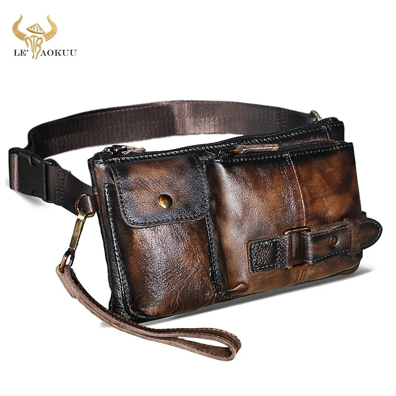 Vintage Leather Men's Waist Belt Bag Chest Pack Clutch Phone Pouch 8135
