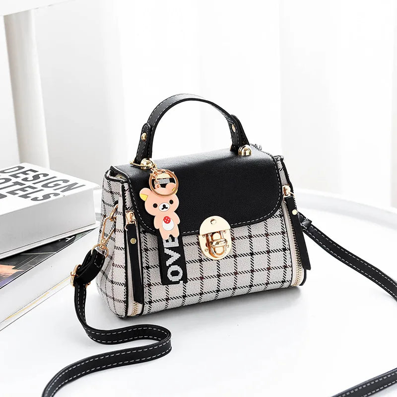 Grid Female Shoulder Bag Cartoon Decor PU Tote Plaid Girls' Gift