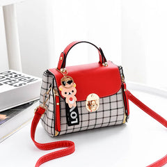 Grid Female Shoulder Bag Cartoon Decor PU Tote Plaid Girls' Gift