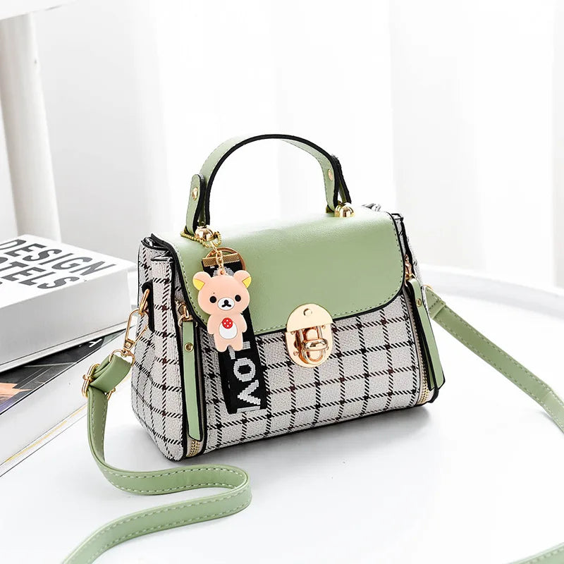 Grid Female Shoulder Bag Cartoon Decor PU Tote Plaid Girls' Gift