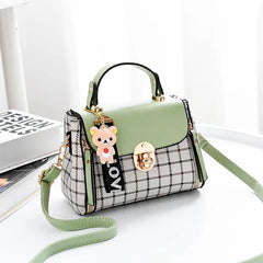 Grid Female Shoulder Bag Cartoon Decor PU Tote Plaid Girls' Gift