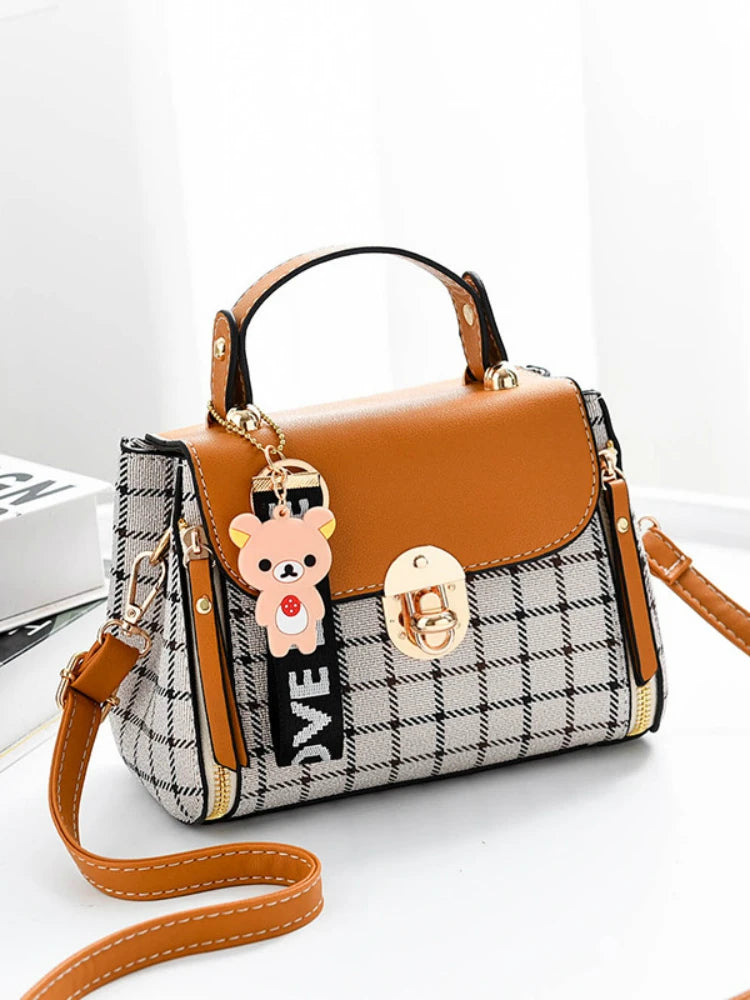 Grid Female Shoulder Bag Cartoon Decor PU Tote Plaid Girls' Gift