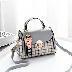 Grid Female Shoulder Bag Cartoon Decor PU Tote Plaid Girls' Gift