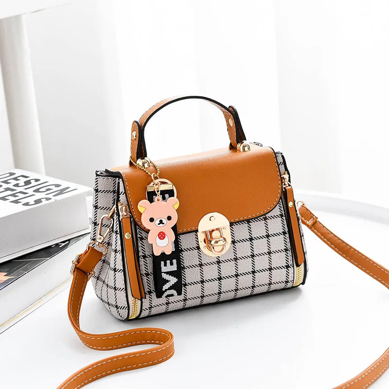 Grid Female Shoulder Bag Cartoon Decor PU Tote Plaid Girls' Gift