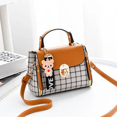 Grid Female Shoulder Bag Cartoon Decor PU Tote Plaid Girls' Gift