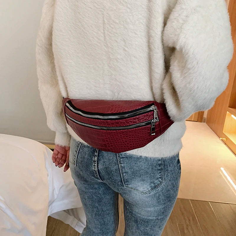 Women Waist Bag Fanny Pack PU Leather Solid Chest Bag Belt Purse