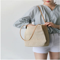 Women's Straw Bag Casual Woven Single Shoulder Bucket Bag