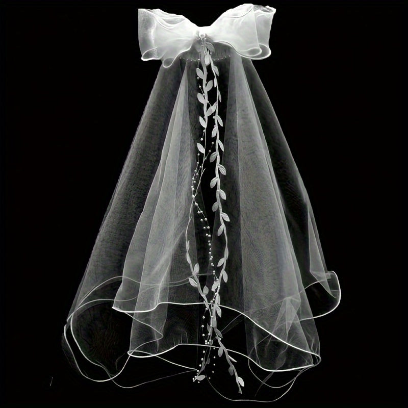 Bow Bridal Veil with Tassel & Leaf Pattern Double Layer Mesh Wedding Headpiece