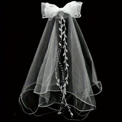 Bow Bridal Veil with Tassel & Leaf Pattern Double Layer Mesh Wedding Headpiece