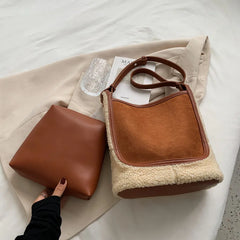 Autumn Winter Women's Lamb Wool Handbags Bucket Shoulder And Clutches Bag