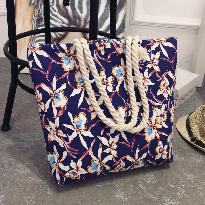 Summer Flower Print Canvas Tote Handbag