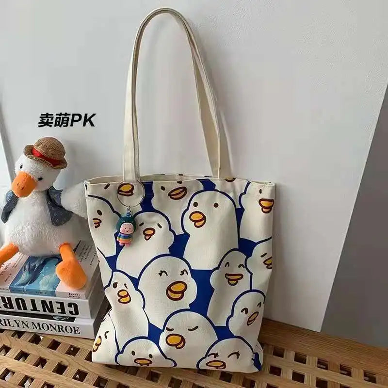 Canvas Duck Tote Bag with Zipper Japanese Style Cartoon Small Shoulder Bag