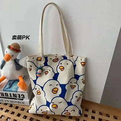 Canvas Duck Tote Bag with Zipper Japanese Style Cartoon Small Shoulder Bag