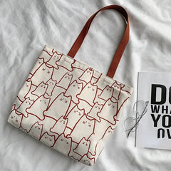 Cats Cartoon Eco Canvas Tote Shopper Bag Japanese Style Handbag for Women