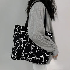 Cats Cartoon Eco Canvas Tote Shopper Bag Japanese Style Handbag for Women