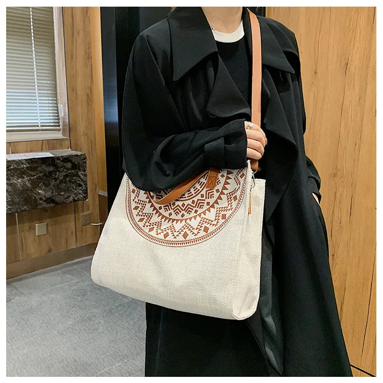 Ethnic Women Large Linen Tote Bag Retro Zipper Shoulder Messenger Bag