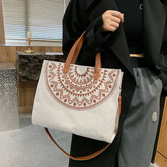 Ethnic Women Large Linen Tote Bag Retro Zipper Shoulder Messenger Bag