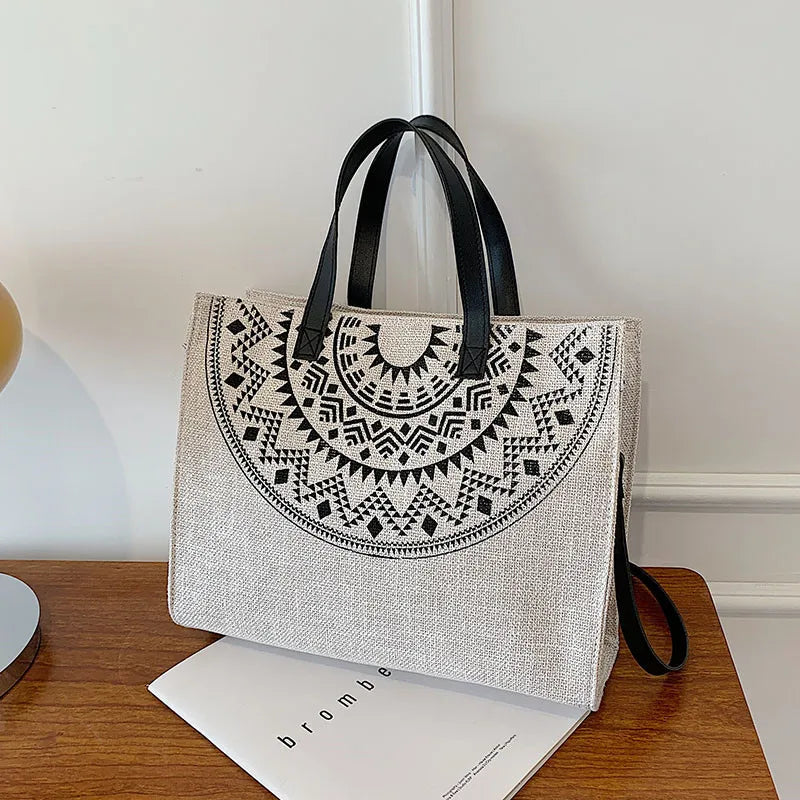 Ethnic Women Large Linen Tote Bag Retro Zipper Shoulder Messenger Bag
