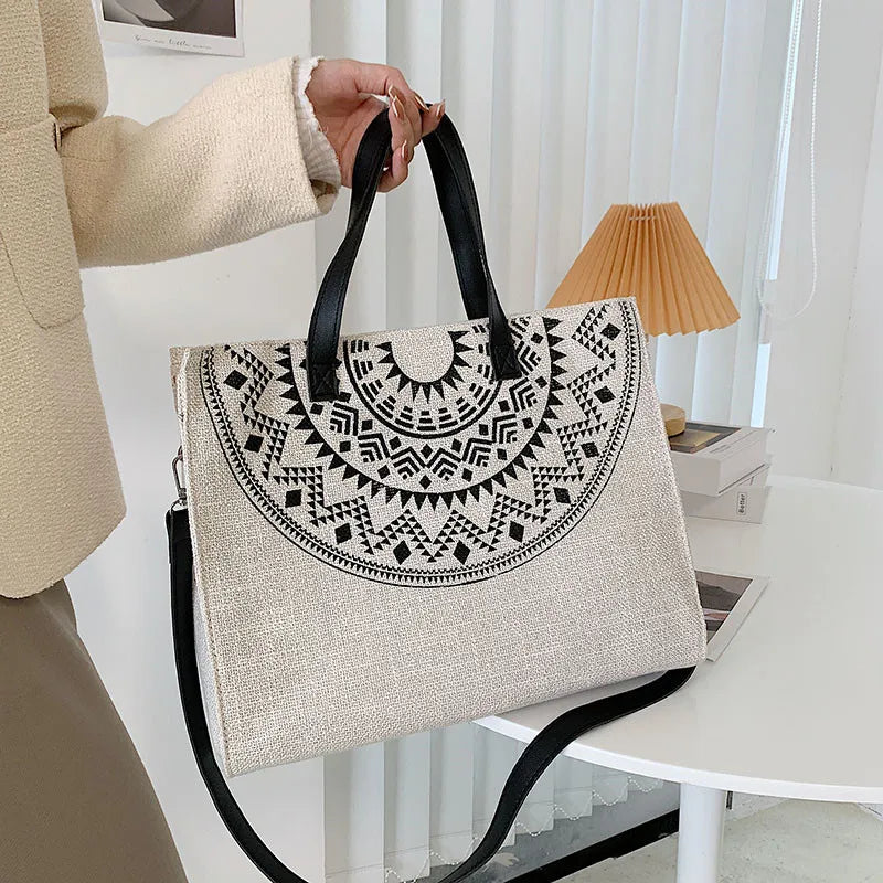 Ethnic Women Large Linen Tote Bag Retro Zipper Shoulder Messenger Bag