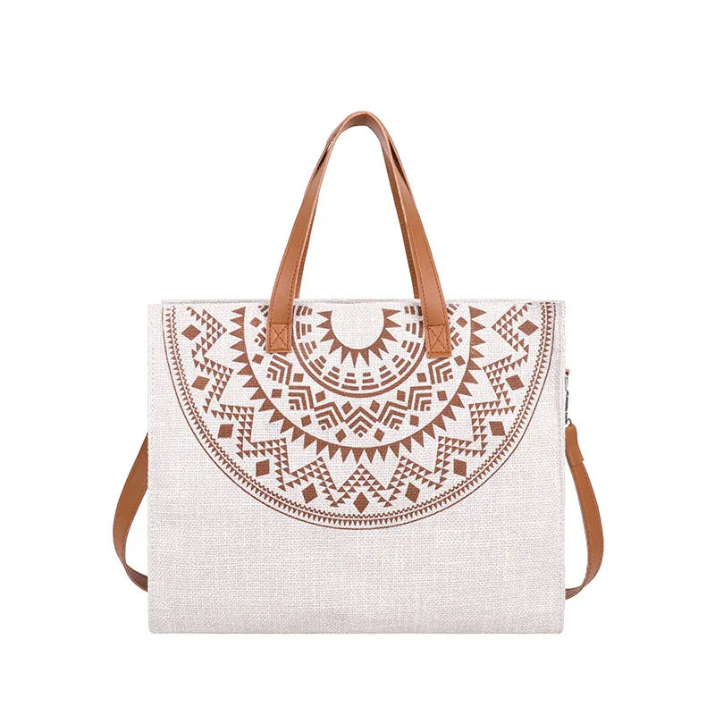 Ethnic Women Large Linen Tote Bag Retro Zipper Shoulder Messenger Bag