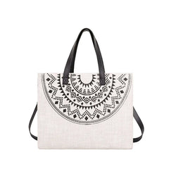 Ethnic Women Large Linen Tote Bag Retro Zipper Shoulder Messenger Bag
