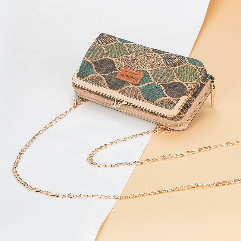 Wood Grain Chain Long High Phone Holder Classic Female Purse Zipper Wallet