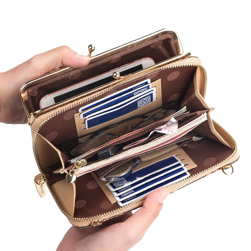 Wood Grain Chain Long High Phone Holder Classic Female Purse Zipper Wallet