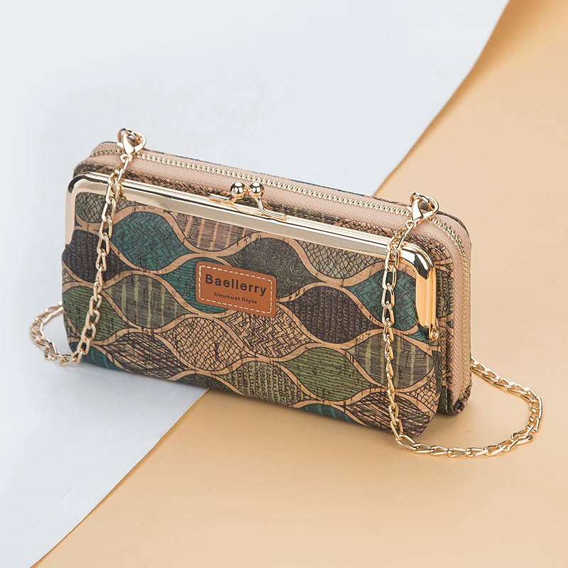 Wood Grain Chain Long High Phone Holder Classic Female Purse Zipper Wallet