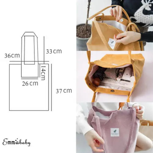 Women's Corduroy Shoulder Bag Large Capacity Handbag Travel Tote Organizer