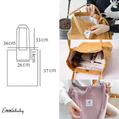 Women's Corduroy Shoulder Bag Large Capacity Handbag Travel Tote Organizer