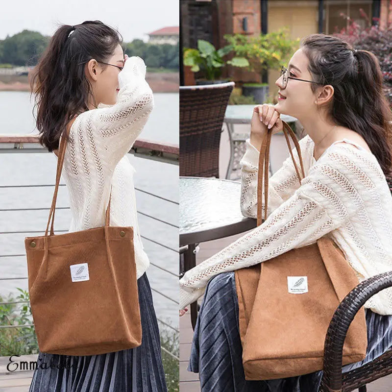 Women's Corduroy Shoulder Bag Large Capacity Handbag Travel Tote Organizer