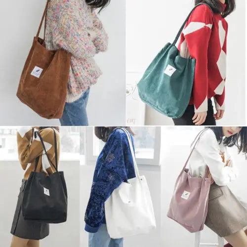 Women's Corduroy Shoulder Bag Large Capacity Handbag Travel Tote Organizer