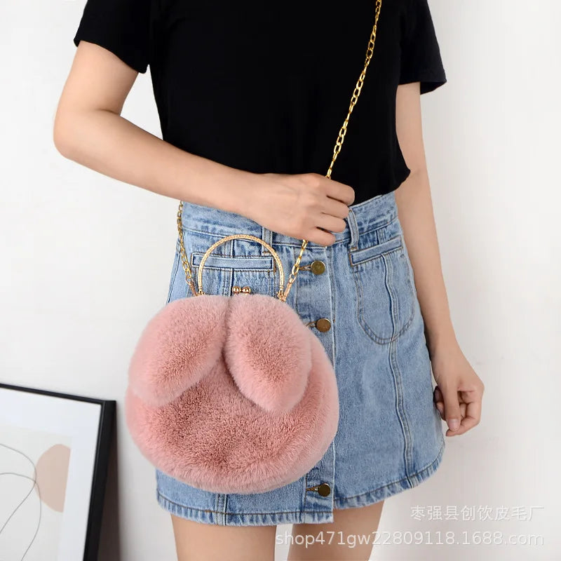 Plush Rabbit Ears Shoulder Bag Winter Messenger Purse Women Soft Tote Crossbody