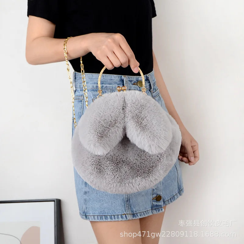 Plush Rabbit Ears Shoulder Bag Winter Messenger Purse Women Soft Tote Crossbody