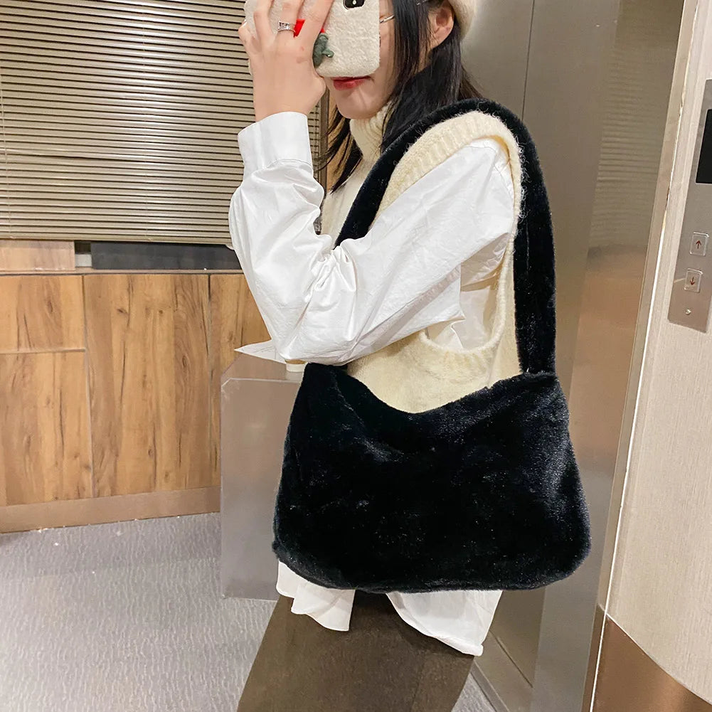 Winter Plush Flower Pattern Small Shoulder Bag Female Underarm Bag Handbag