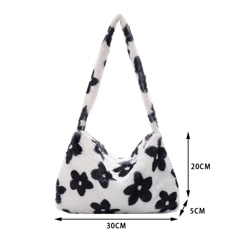 Winter Plush Flower Pattern Small Shoulder Bag Female Underarm Bag Handbag