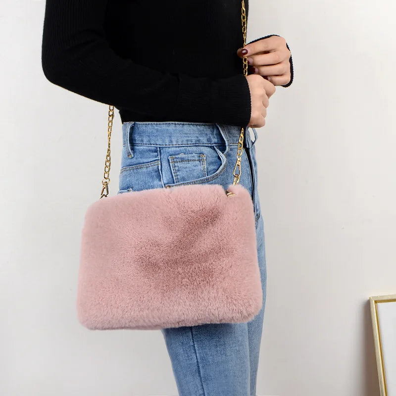 Faux Fur Crossbody Bag Winter Messenger Plush Handbag