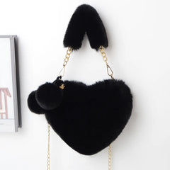 Faux Fur Heart Shaped Shoulder Bag Clutch Purse Chain Messenger Bag