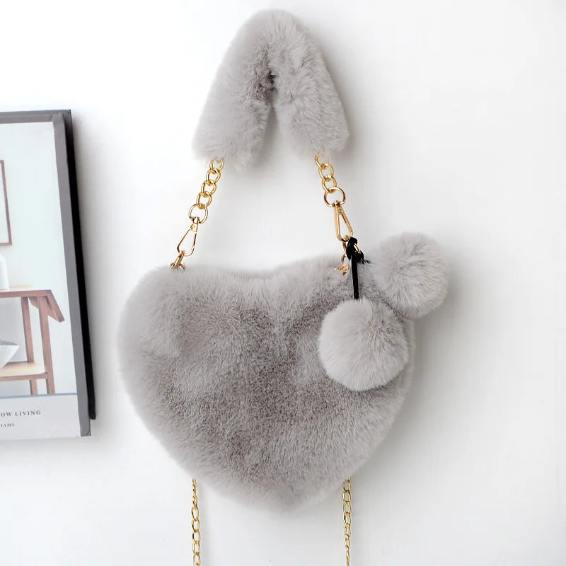 Faux Fur Heart Shaped Shoulder Bag Clutch Purse Chain Messenger Bag