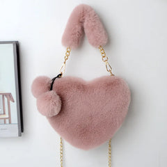 Faux Fur Heart Shaped Shoulder Bag Clutch Purse Chain Messenger Bag
