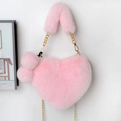 Faux Fur Heart Shaped Shoulder Bag Clutch Purse Chain Messenger Bag