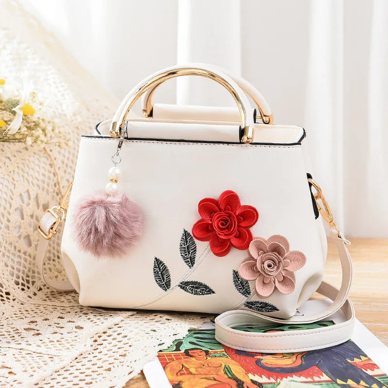 Flower Women PU Leather Handbag Embroidered Flag Female Hand Bag