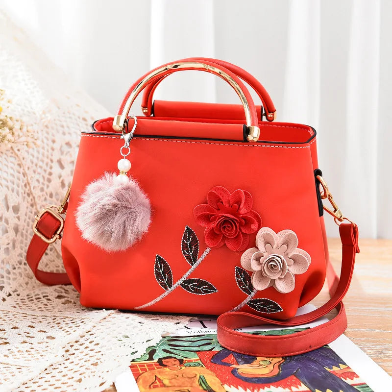 Flower Women PU Leather Handbag Embroidered Flag Female Hand Bag