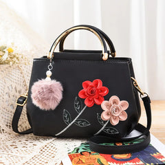Flower Women PU Leather Handbag Embroidered Flag Female Hand Bag