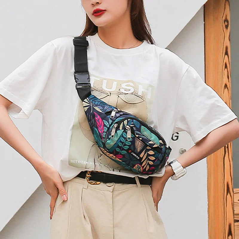 Leaf Printed Waist Bags Large Capacity Fanny Pack Men Women Canvas Travel Bag
