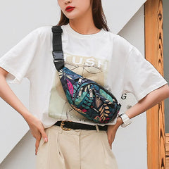 Leaf Printed Waist Bags Large Capacity Fanny Pack Men Women Canvas Travel Bag