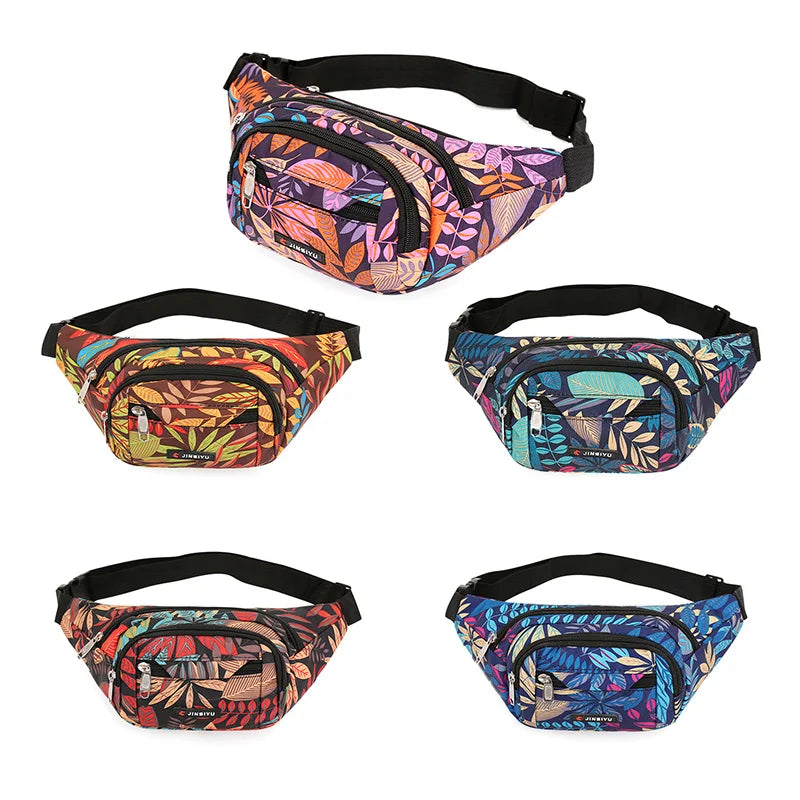 Leaf Printed Waist Bags Large Capacity Fanny Pack Men Women Canvas Travel Bag