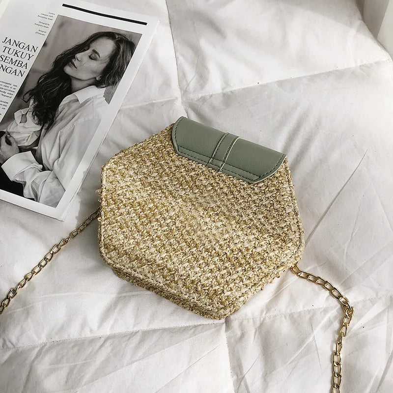 Hexagon Straw+Leather Handbag Women Rattan Beach Bohemia Bag