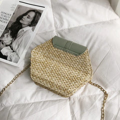 Hexagon Straw+Leather Handbag Women Rattan Beach Bohemia Bag