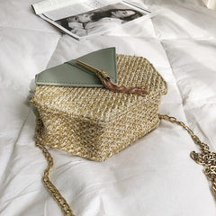 Hexagon Straw+Leather Handbag Women Rattan Beach Bohemia Bag
